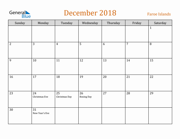 December 2018 Holiday Calendar with Sunday Start