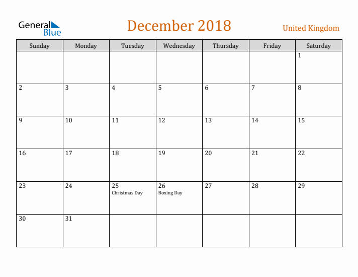 December 2018 Holiday Calendar with Sunday Start