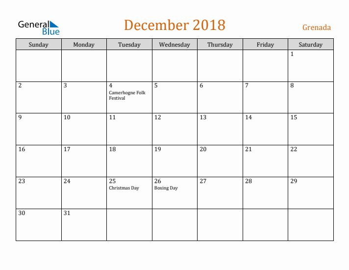 December 2018 Holiday Calendar with Sunday Start