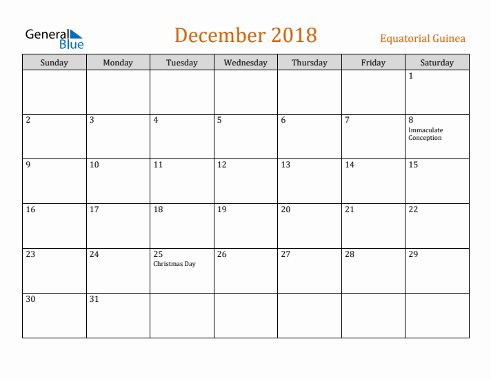 December 2018 Holiday Calendar with Sunday Start