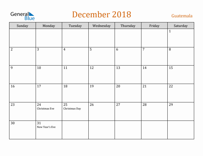 December 2018 Holiday Calendar with Sunday Start