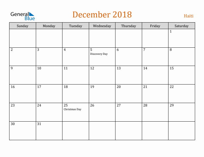 December 2018 Holiday Calendar with Sunday Start