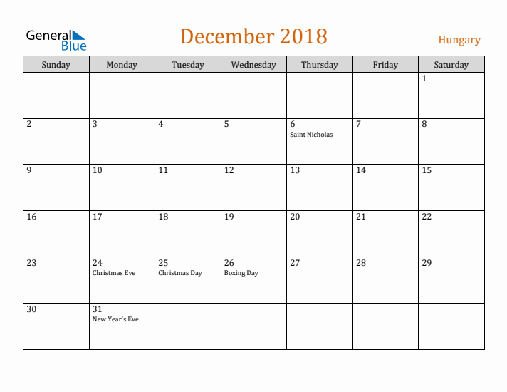 December 2018 Holiday Calendar with Sunday Start