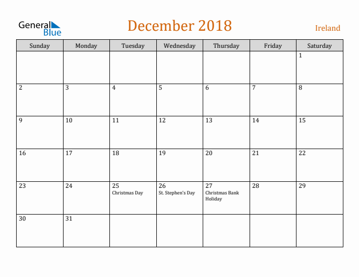 December 2018 Holiday Calendar with Sunday Start