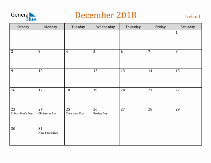 December 2018 Holiday Calendar with Sunday Start