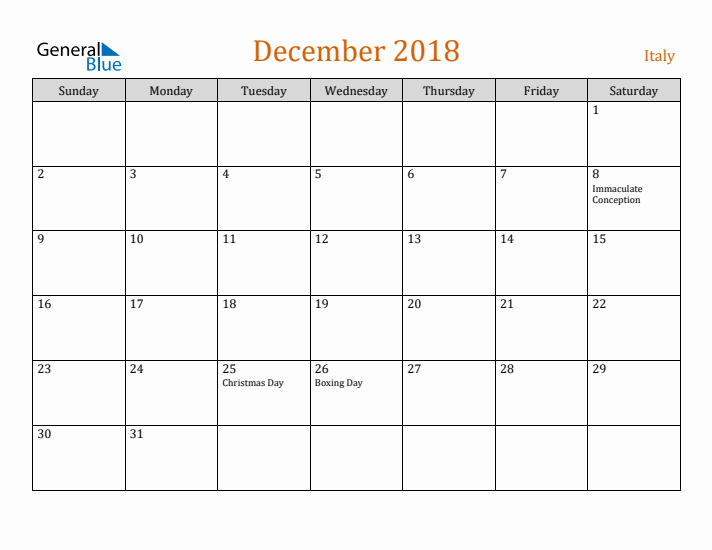 December 2018 Holiday Calendar with Sunday Start