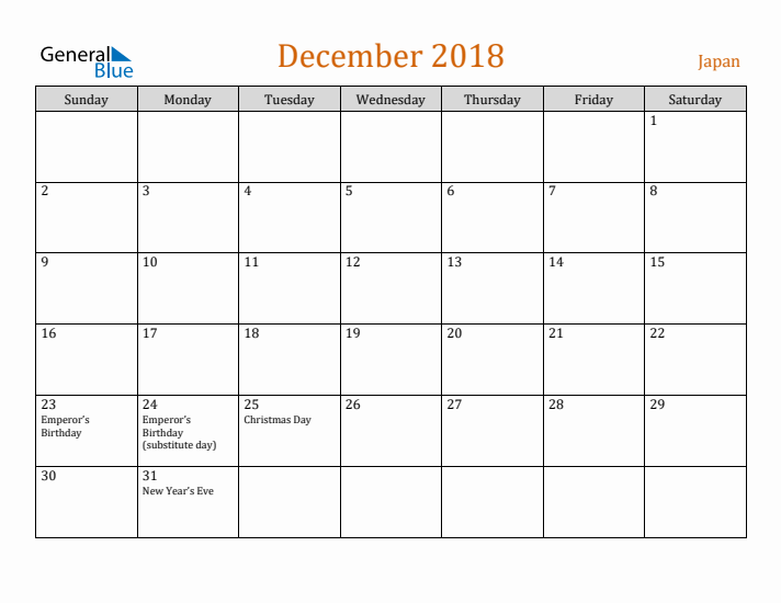 December 2018 Holiday Calendar with Sunday Start