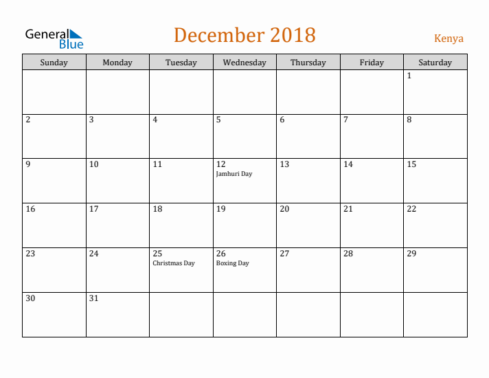 December 2018 Holiday Calendar with Sunday Start