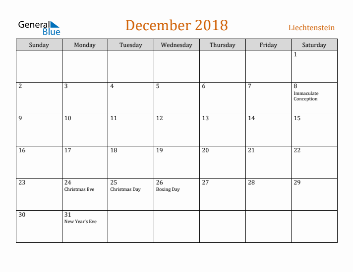 December 2018 Holiday Calendar with Sunday Start