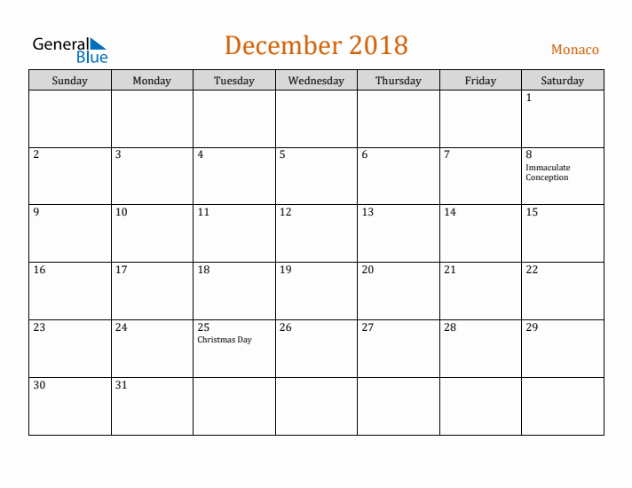 December 2018 Holiday Calendar with Sunday Start