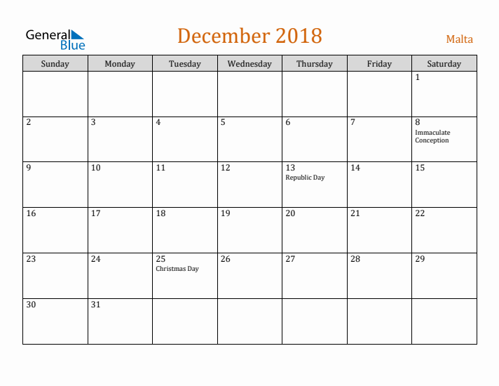 December 2018 Holiday Calendar with Sunday Start