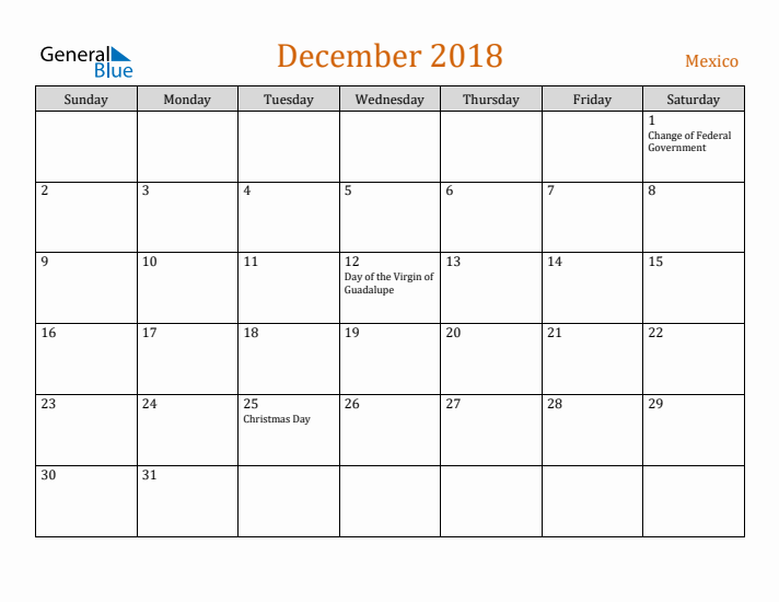 December 2018 Holiday Calendar with Sunday Start