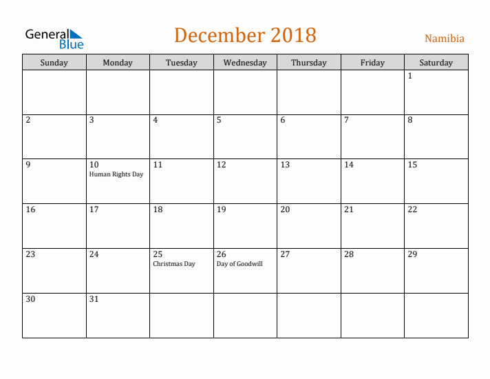 December 2018 Holiday Calendar with Sunday Start