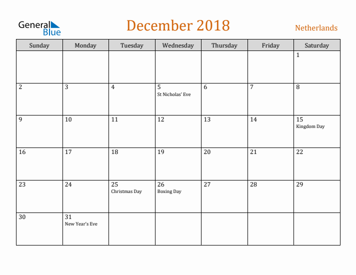 December 2018 Holiday Calendar with Sunday Start