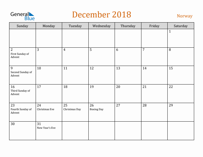 December 2018 Holiday Calendar with Sunday Start