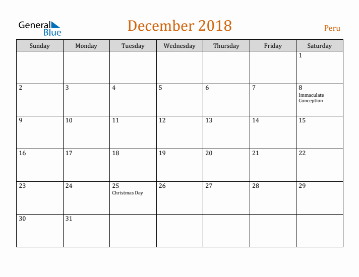 December 2018 Holiday Calendar with Sunday Start