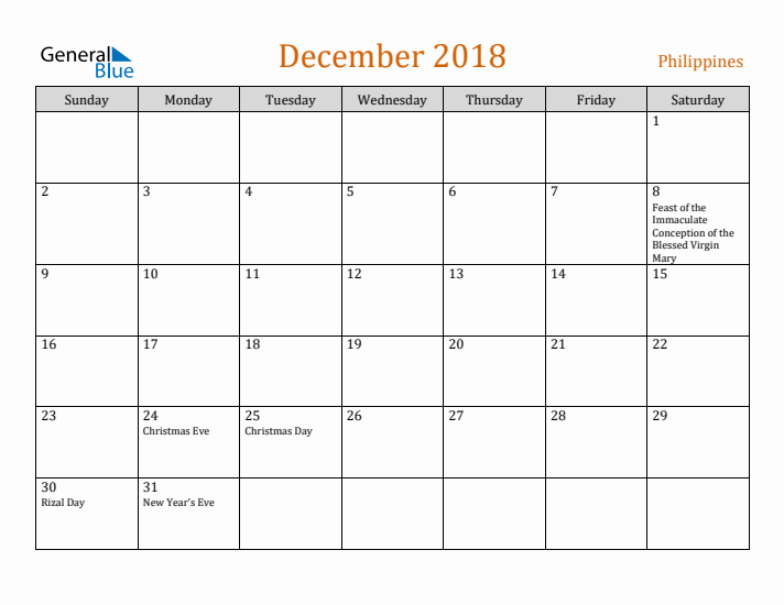 December 2018 Holiday Calendar with Sunday Start