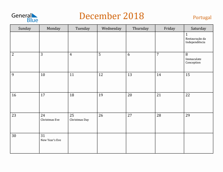 December 2018 Holiday Calendar with Sunday Start