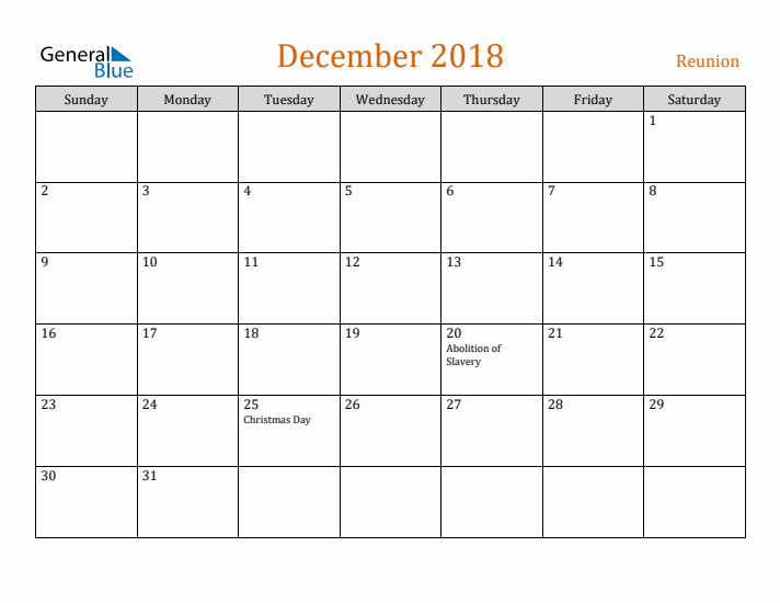 December 2018 Holiday Calendar with Sunday Start