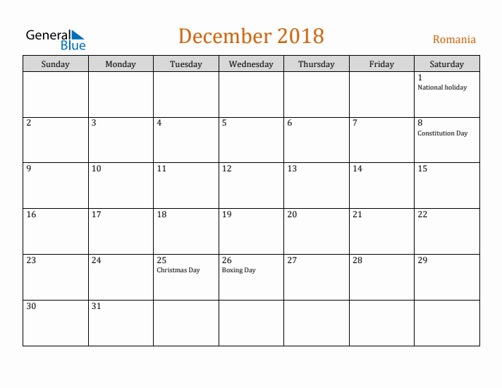 December 2018 Holiday Calendar with Sunday Start