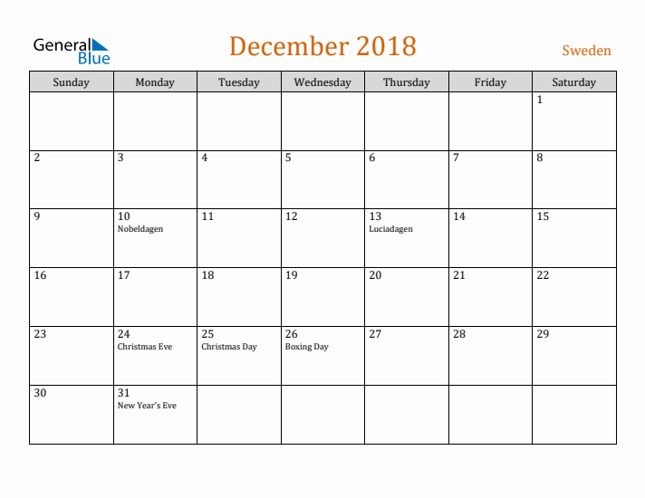 December 2018 Holiday Calendar with Sunday Start