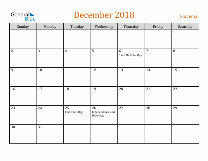 December 2018 Holiday Calendar with Sunday Start