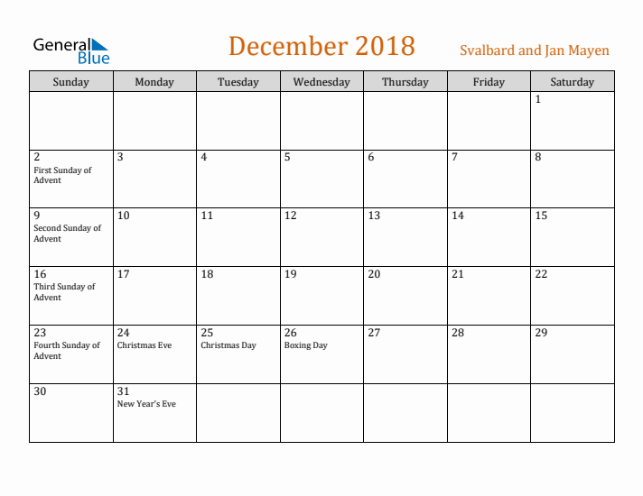 December 2018 Holiday Calendar with Sunday Start