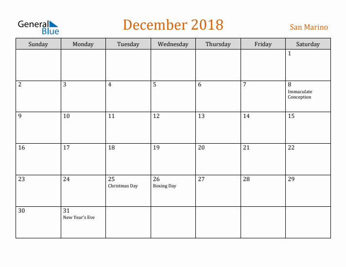 December 2018 Holiday Calendar with Sunday Start