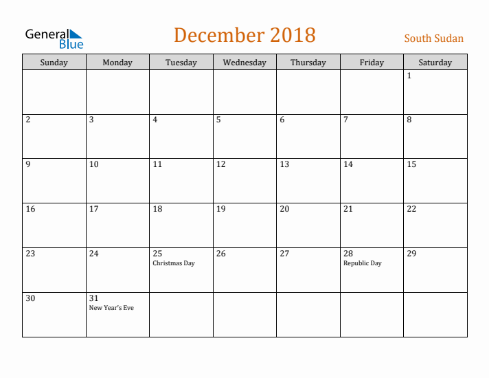 December 2018 Holiday Calendar with Sunday Start