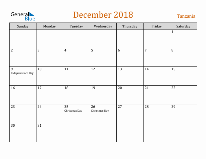 December 2018 Holiday Calendar with Sunday Start