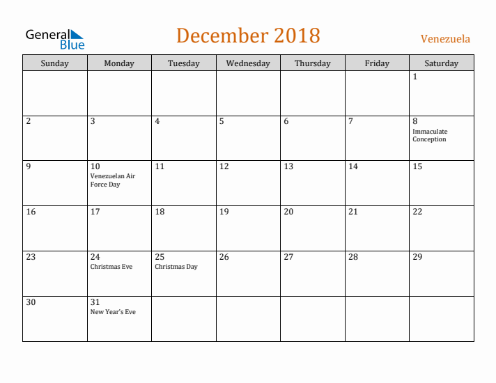 December 2018 Holiday Calendar with Sunday Start