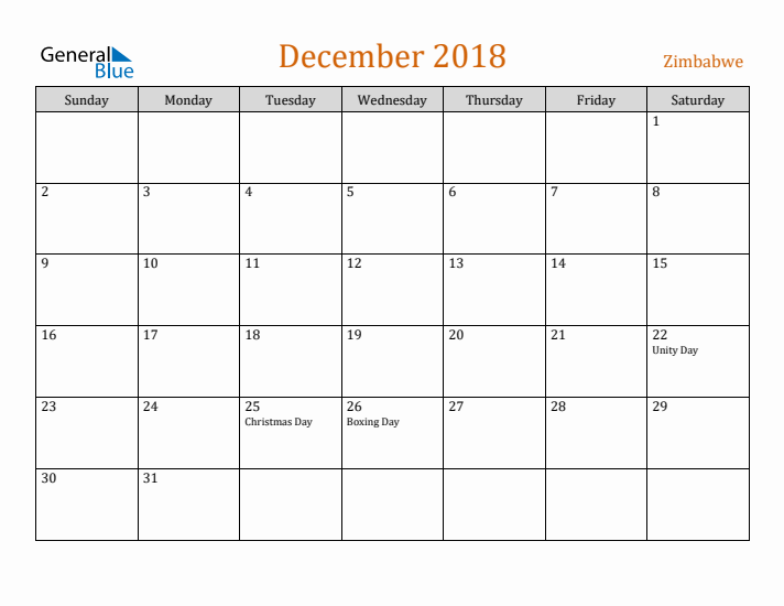 December 2018 Holiday Calendar with Sunday Start