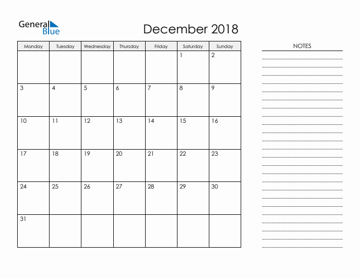 Printable Monthly Calendar with Notes - December 2018