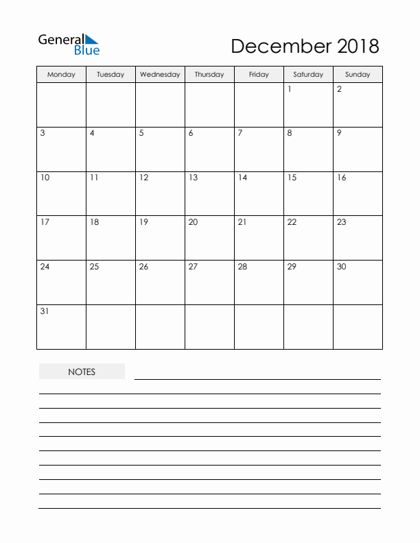 Printable Calendar with Notes - December 2018 