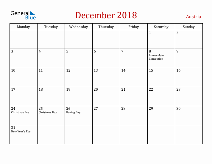 Austria December 2018 Calendar - Monday Start