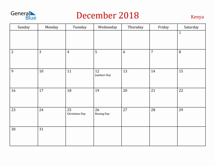 Kenya December 2018 Calendar - Sunday Start