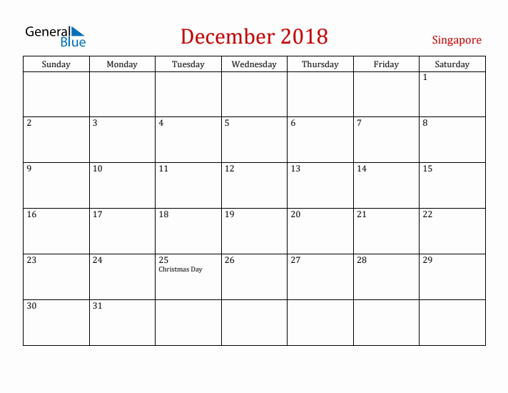 Singapore December 2018 Calendar - Sunday Start