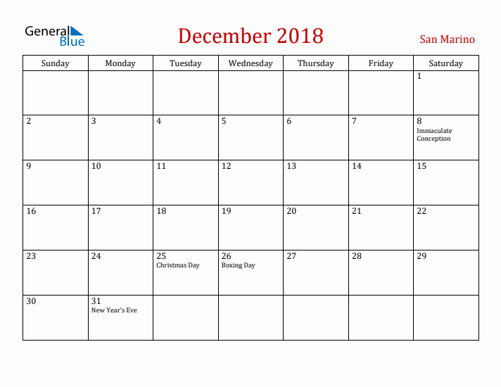 San Marino December 2018 Calendar - Sunday Start