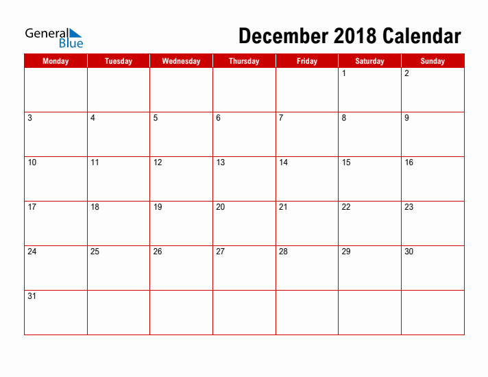 Simple Monthly Calendar - December 2018