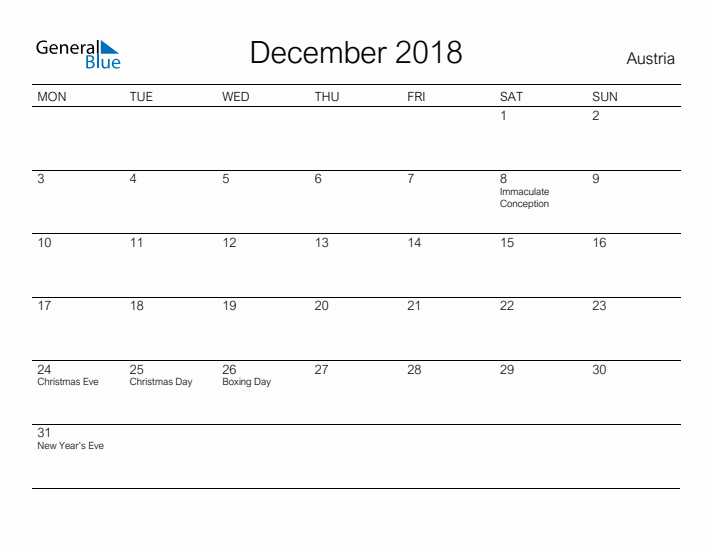 Printable December 2018 Calendar for Austria