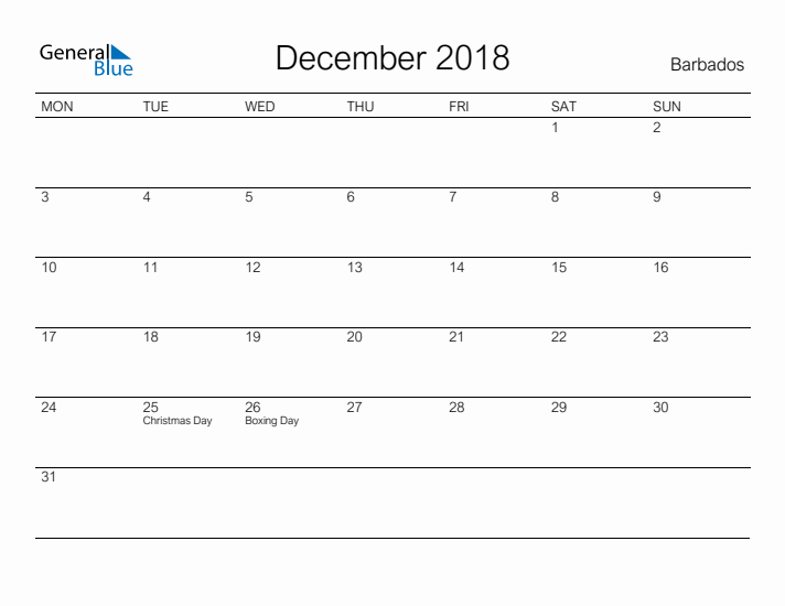 Printable December 2018 Calendar for Barbados