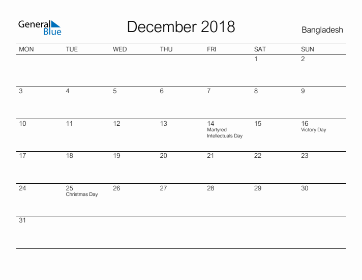 Printable December 2018 Calendar for Bangladesh