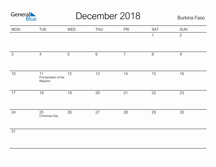 Printable December 2018 Calendar for Burkina Faso