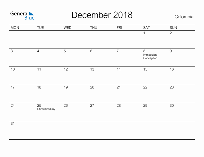 Printable December 2018 Calendar for Colombia