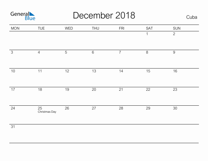 Printable December 2018 Calendar for Cuba