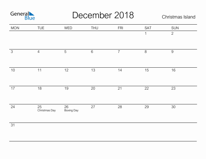 Printable December 2018 Calendar for Christmas Island