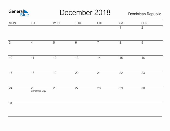 Printable December 2018 Calendar for Dominican Republic