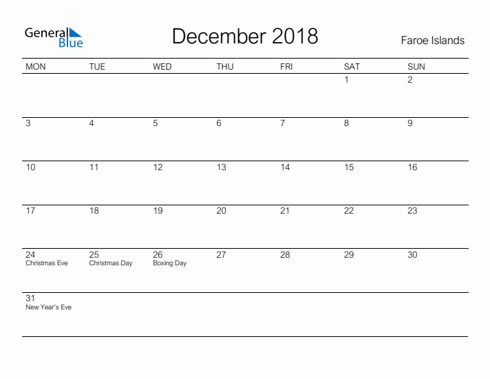 Printable December 2018 Calendar for Faroe Islands