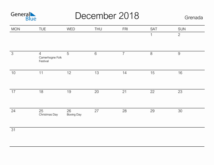 Printable December 2018 Calendar for Grenada