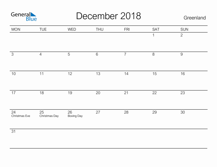 Printable December 2018 Calendar for Greenland